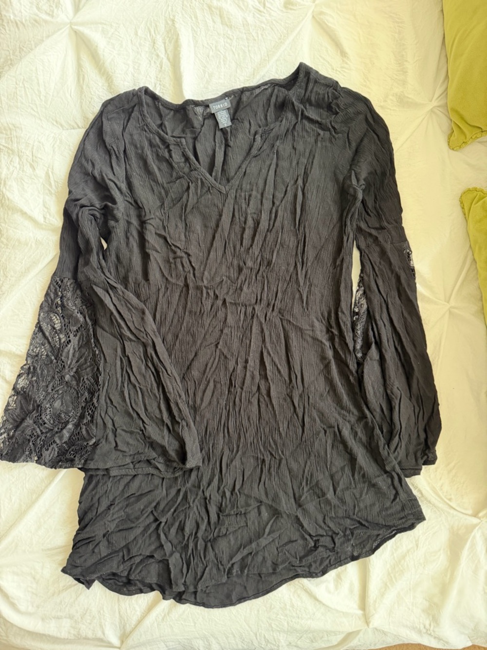 TORRID Black Crinkled V-Neck Tunic with Lace Bell Sleeves